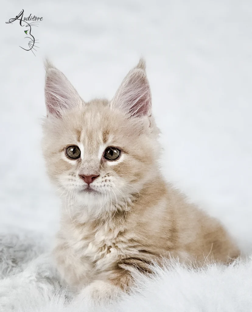 Słodki kremowy kociak Maine Coon (MCO es 22) na białym futrze, logo hodowli Auditore*PL. Hodowla kotów Maine Coon, kocięta z rodowodem.