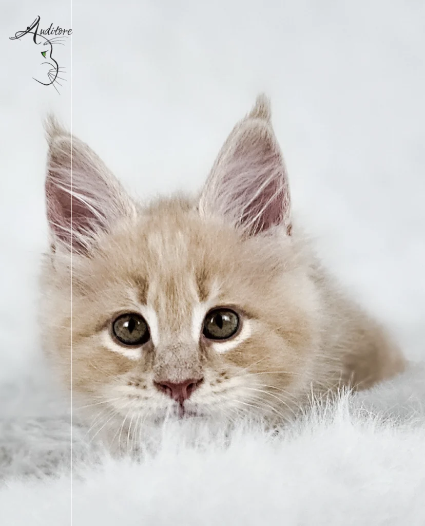 Słodki kremowy kociak Maine Coon (MCO es 22) na białym futrze, logo hodowli Auditore*PL. Hodowla kotów Maine Coon, kocięta z rodowodem.