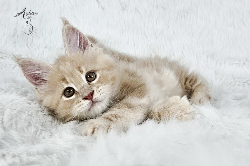 Słodki kremowy kociak Maine Coon na białym futrze, logo hodowli Auditore*PL. Hodowla kotów Maine Coon, kocięta z rodowodem, kolor kremowy MCO es 22.