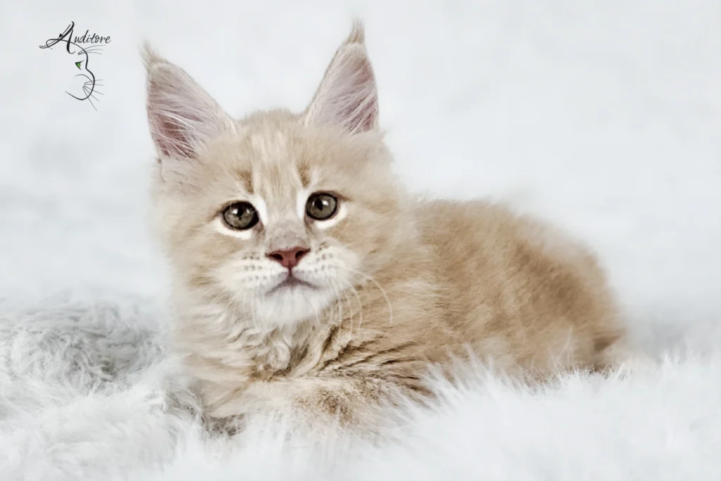 Kremowy kociak Maine Coon na białym futrze, logo hodowli Auditore*PL. Hodowla kotów Maine Coon, kocięta z rodowodem, kolor kremowy MCO es 22.