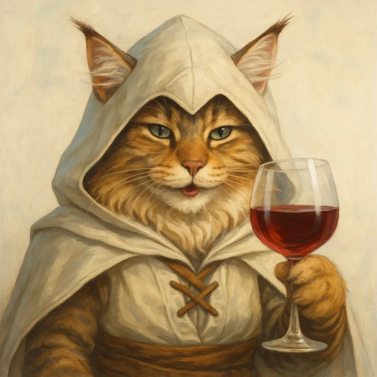 Kot Maine Coon w kapturze, trzymający kieliszek czerwonego wina – grafika wygenerowana przez AI w stylu fantasy