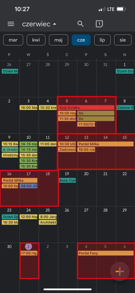 Zrzut ekranu z kalendarza hodowli Auditore*PL na czerwiec – wizyty weterynaryjne, ruje, porody, brak wolnych dni